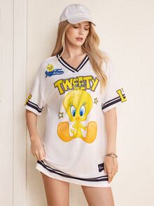 LOONEY TUNES X SHEIN Women's Letter Print V-Neck Short Sleeve Short Dress - White - View 7