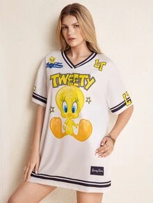 LOONEY TUNES X SHEIN Women's Letter Print V-Neck Short Sleeve Short Dress - White - View 5
