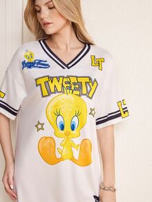 LOONEY TUNES X SHEIN Women's Letter Print V-Neck Short Sleeve Short Dress - White - View 3