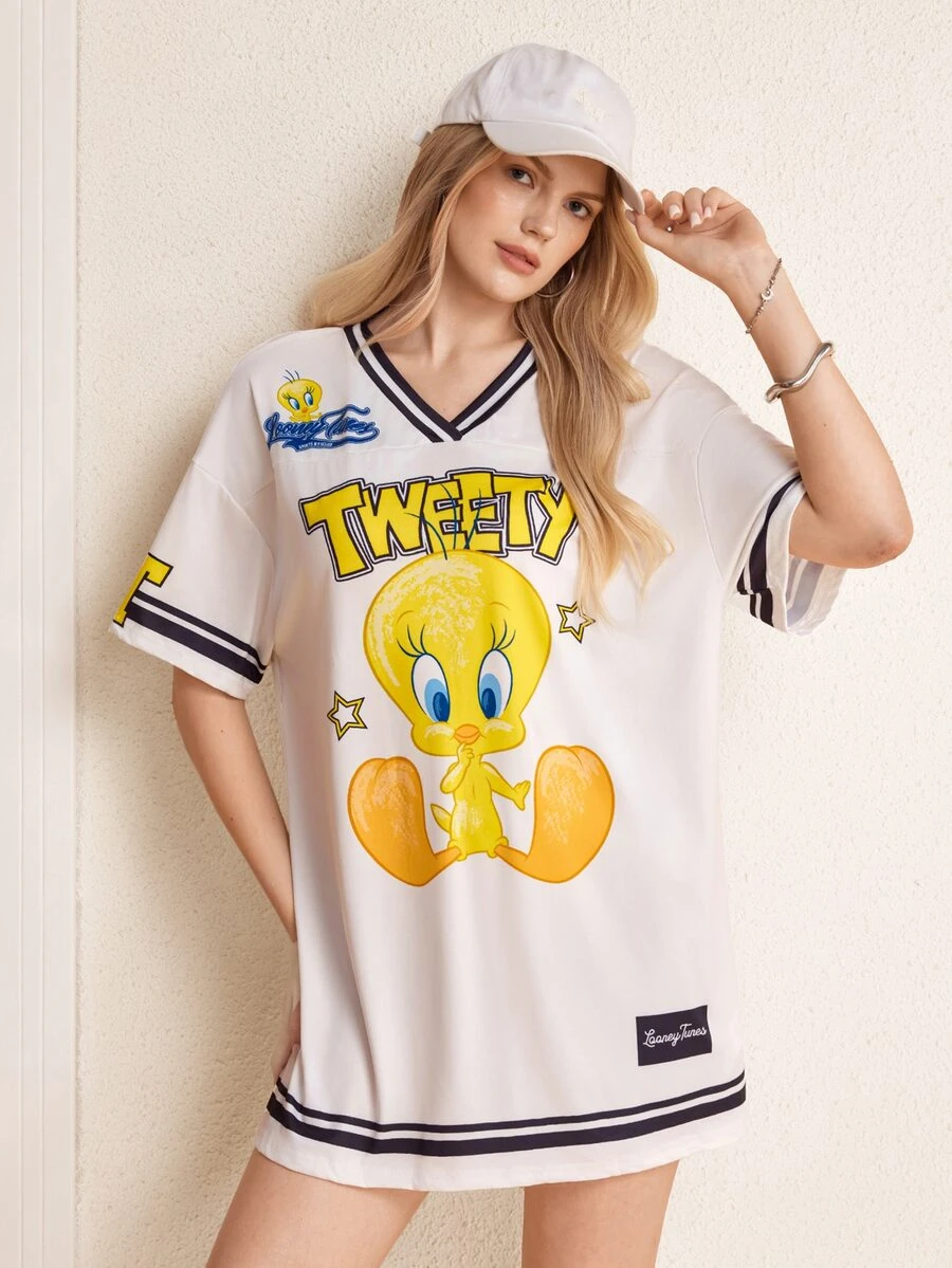 LOONEY TUNES X SHEIN Women's Letter Print V-Neck Short Sleeve Short Dress - White - View 1