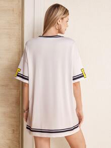 LOONEY TUNES X SHEIN Women's Letter Print V-Neck Short Sleeve Short Dress - White - View 2