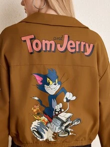 TOM & JERRY X SHEIN 女式卡通印花拉鍊外套 - 卡其色 - 查看 3