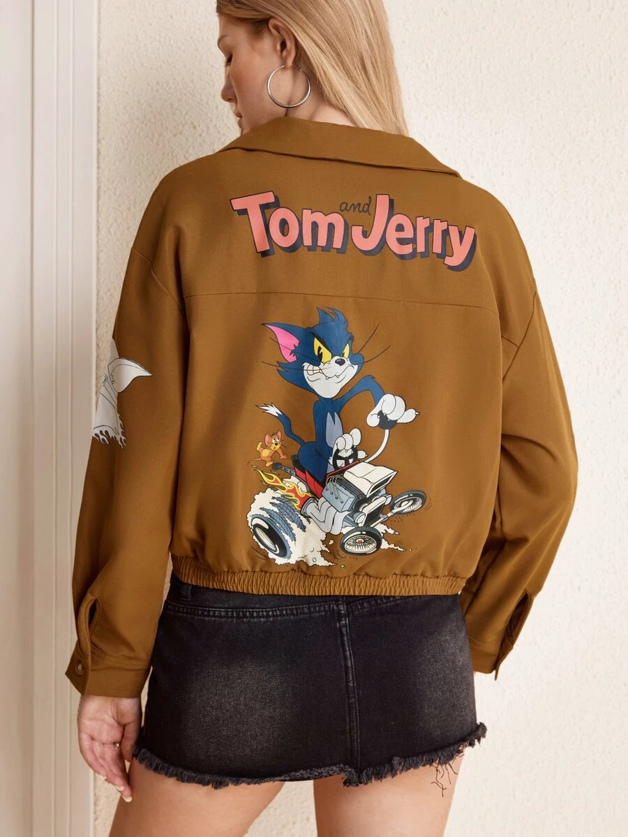 TOM & JERRY X SHEIN 女式卡通印花拉鍊外套 - 卡其色 - 查看 1