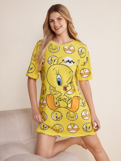 LOONEY TUNES X SHEIN Women's Round Neck Short Sleeve Casual Nightgown