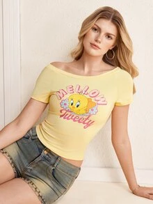 LOONEY TUNES X SHEIN 女款不對稱肩短袖休閒百搭T恤 - 黃色 - 查看 7