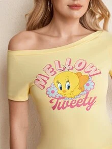 LOONEY TUNES X SHEIN 女款不對稱肩短袖休閒百搭T恤 - 黃色 - 查看 4
