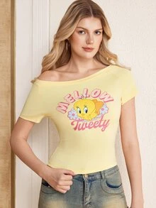 LOONEY TUNES X SHEIN 女款不對稱肩短袖休閒百搭T恤 - 黃色 - 查看 1