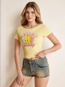 LOONEY TUNES X SHEIN 女款不對稱肩短袖休閒百搭T恤 - 黃色 - 查看 5