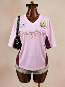 LOONEY TUNES X SHEIN Women's Color Block Patchwork Cartoon Print Short Sleeve T-Shirt - Baby Pink - View 8