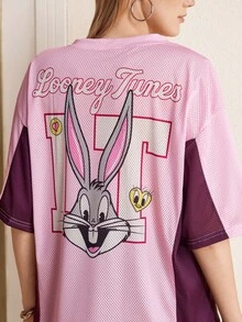LOONEY TUNES X SHEIN Women's Color Block Patchwork Cartoon Print Short Sleeve T-Shirt - Baby Pink - View 3