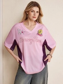 LOONEY TUNES X SHEIN Women's Color Block Patchwork Cartoon Print Short Sleeve T-Shirt - Baby Pink - View 4