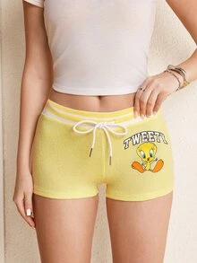 LOONEY TUNES X SHEIN 女款夏季休閒卡通印花短褲 - 黃色 - 查看 3