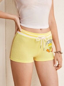 LOONEY TUNES X SHEIN 女款夏季休閒卡通印花短褲 - 黃色 - 查看 4