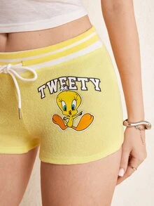 LOONEY TUNES X SHEIN 女款夏季休閒卡通印花短褲 - 黃色 - 查看 5