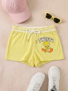 LOONEY TUNES X SHEIN 女款夏季休閒卡通印花短褲 - 黃色 - 查看 8