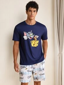 TOM & JERRY X SHEIN Men's 1pc Cartoon Printed Short Sleeve T-Shirt And 1pc Argyle Pattern Shorts Pajama Set, Summer - Navy Blue - View 3