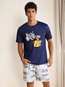 TOM & JERRY X SHEIN Men's 1pc Cartoon Printed Short Sleeve T-Shirt And 1pc Argyle Pattern Shorts Pajama Set, Summer - Navy Blue - View 4