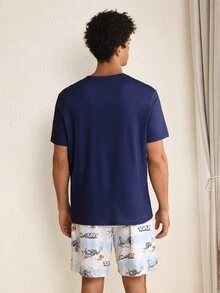 TOM & JERRY X SHEIN Men's 1pc Cartoon Printed Short Sleeve T-Shirt And 1pc Argyle Pattern Shorts Pajama Set, Summer - Navy Blue - View 2