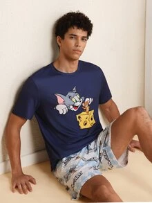 TOM & JERRY X SHEIN Men's 1pc Cartoon Printed Short Sleeve T-Shirt And 1pc Argyle Pattern Shorts Pajama Set, Summer - Navy Blue - View 6
