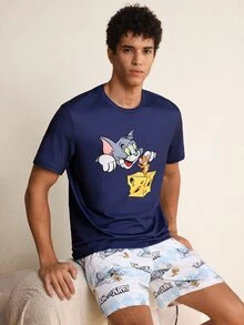 TOM & JERRY X SHEIN Men's 1pc Cartoon Printed Short Sleeve T-Shirt And 1pc Argyle Pattern Shorts Pajama Set, Summer - Navy Blue - View 1