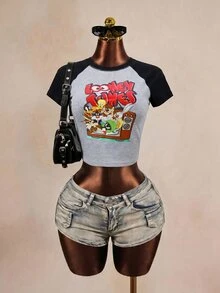 LOONEY TUNES X SHEIN Women's Round Neck Colorblock Letter Cartoon Print Casual Versatile Daily Outing Short Sleeve T-Shirt - Grey - View 7