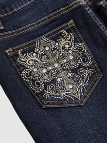 SHEIN 青少年女孩 Y2K 龐克復古刺繡翅膀與水鑽裝飾彈性喇叭牛仔褲 - 藍色 - 查看 2