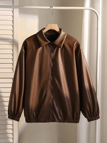 SHEIN 秋冬青少年女孩純色寬鬆版型外套，質感PU面料帶天然高級光澤，百搭純色設計，適合日常出遊、校園與通勤，輕鬆打造青春造型 - 棕色 - 查看 5
