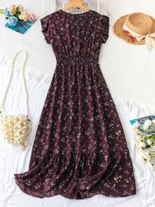 GlowEve 女式花卉印花腰带短款飘袖 A 字形连衣裙新年服装长款女装 - 紅色 - 查看 2