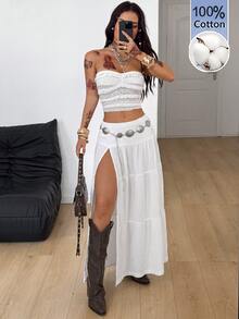 Coolane 女款四季度假休閒性感時尚復古沙灘套裝 優雅波希米亞西式風格 100%純棉舒適白色紋理裙 - 白色 - 查看 6
