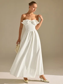 CLARA VERO HEARTH COLLAR BOW CHEST VOLUMED SKIRT OFF-SHOULDER DRESS - White - View 6