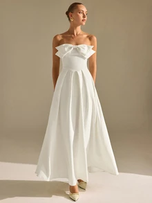 CLARA VERO HEARTH COLLAR BOW CHEST VOLUMED SKIRT OFF-SHOULDER DRESS - White - View 4