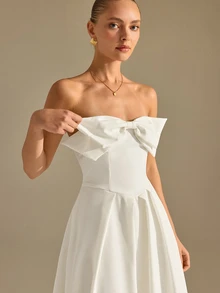 CLARA VERO HEARTH COLLAR BOW CHEST VOLUMED SKIRT OFF-SHOULDER DRESS - White - View 3