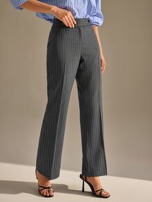 CLARA VERO Light Grey Pinstripe Flare Pants, Low Rise Waist, Wide Leg Cut, Office Work Style, Vertical Stripes, Professional Wear, Teachers' Day Autumn - Grey - View 6
