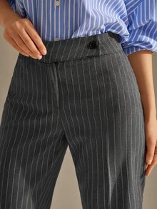 CLARA VERO Light Grey Pinstripe Flare Pants, Low Rise Waist, Wide Leg Cut, Office Work Style, Vertical Stripes, Professional Wear, Teachers' Day Autumn - Grey - View 4