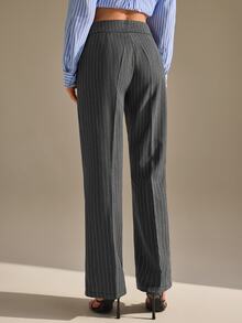 CLARA VERO Light Grey Pinstripe Flare Pants, Low Rise Waist, Wide Leg Cut, Office Work Style, Vertical Stripes, Professional Wear, Teachers' Day Autumn - Grey - View 8