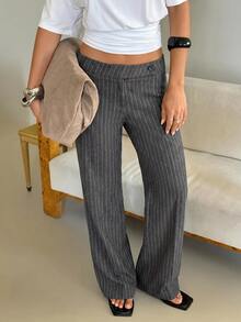 CLARA VERO Light Grey Pinstripe Flare Pants, Low Rise Waist, Wide Leg Cut, Office Work Style, Vertical Stripes, Professional Wear, Teachers' Day Autumn - Grey - View 3