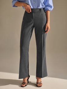 CLARA VERO Light Grey Pinstripe Flare Pants, Low Rise Waist, Wide Leg Cut, Office Work Style, Vertical Stripes, Professional Wear, Teachers' Day Autumn - Grey - View 5
