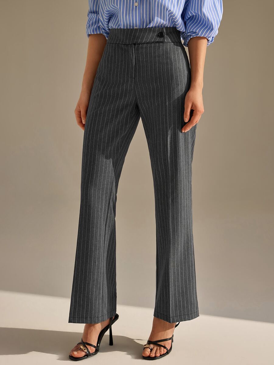 CLARA VERO Light Grey Pinstripe Flare Pants, Low Rise Waist, Wide Leg Cut, Office Work Style, Vertical Stripes, Professional Wear, Teachers' Day Autumn