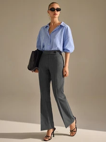 CLARA VERO Light Grey Pinstripe Flare Pants, Low Rise Waist, Wide Leg Cut, Office Work Style, Vertical Stripes, Professional Wear, Teachers' Day Autumn - Grey - View 7
