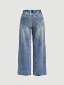 SHEIN MOD 大尺碼休閒水洗串珠直筒牛仔褲 秋季女款牛仔女孩造型萬聖節亮片藍色牛仔褲 - 藍色 - 查看 5