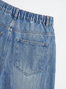 SHEIN MOD 大尺碼休閒水洗串珠直筒牛仔褲 秋季女款牛仔女孩造型萬聖節亮片藍色牛仔褲 - 藍色 - 查看 6