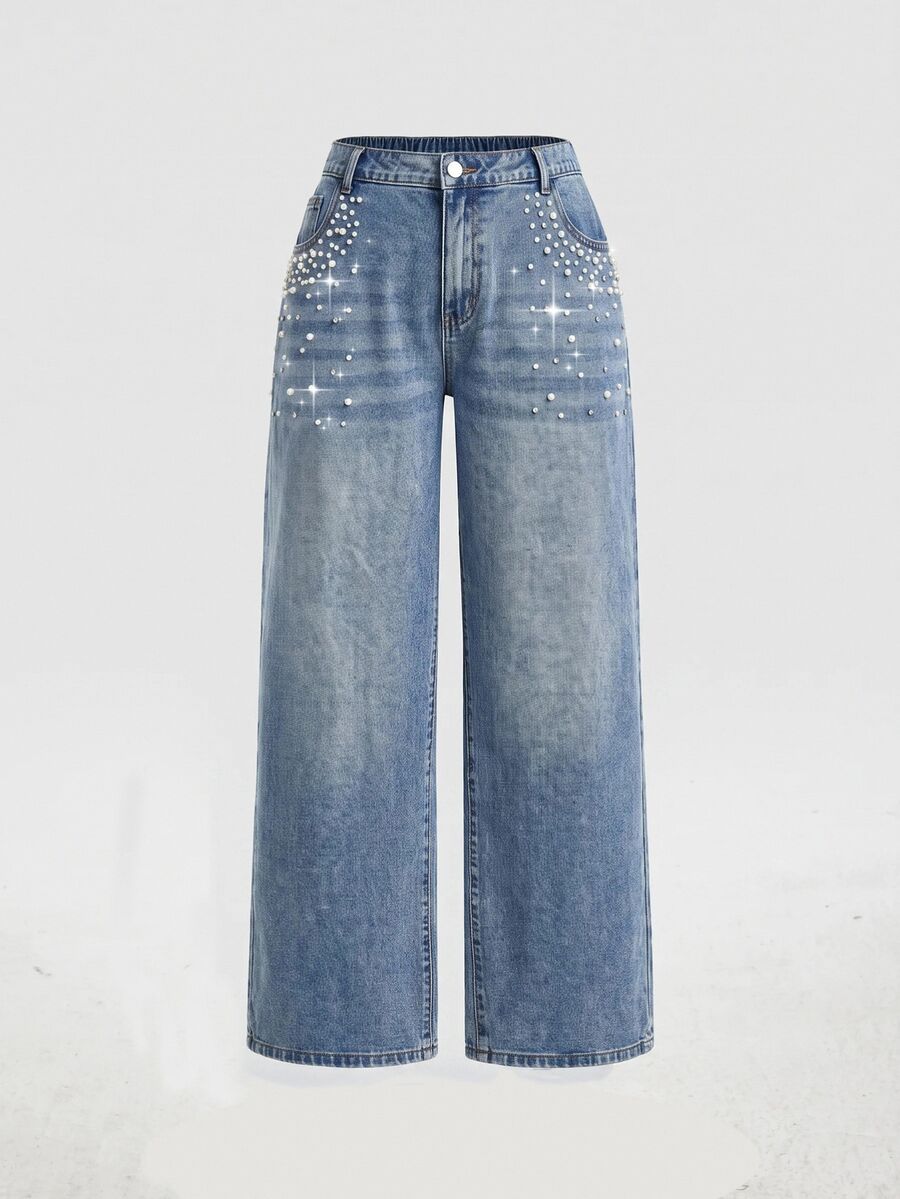 SHEIN MOD 大尺碼休閒水洗串珠直筒牛仔褲 秋季女款牛仔女孩造型萬聖節亮片藍色牛仔褲 - 藍色 - 查看 1
