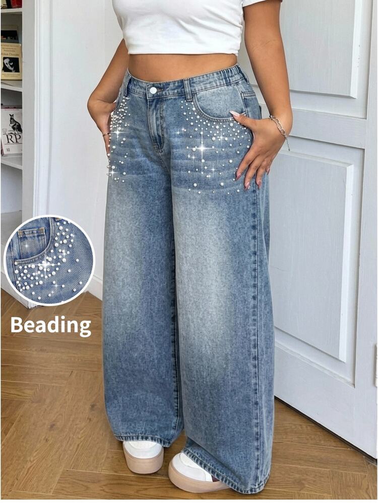 SHEIN MOD Plus Size Casual Washed Beaded Straight Leg Jeans Autumn Cowgirl Outfits For Women Halloween Sequin Blue Jeans - Blue - View 1