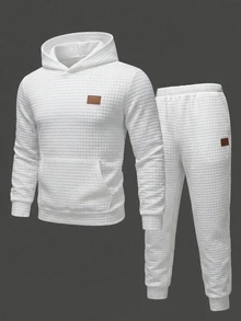 SHEIN 兒童青少年男童 2 件組連帽衛衣與長褲套裝，純色菱格提花布料，簡約百搭，適合秋季返校穿著 - 白色 - 查看 3