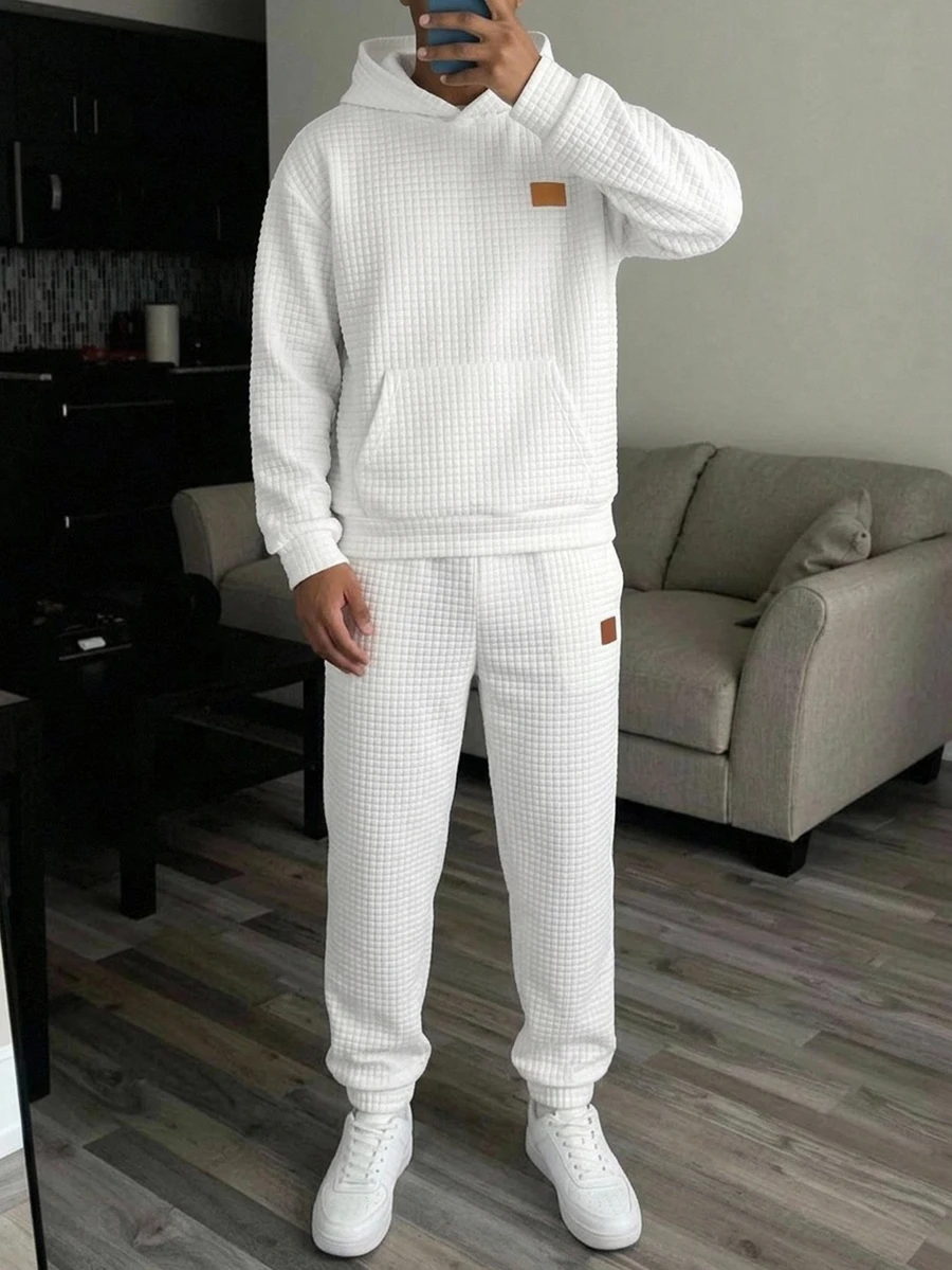 SHEIN 兒童青少年男童 2 件組連帽衛衣與長褲套裝，純色菱格提花布料，簡約百搭，適合秋季返校穿著