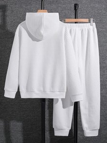 SHEIN 兒童青少年男童 2 件組連帽衛衣與長褲套裝，純色菱格提花布料，簡約百搭，適合秋季返校穿著 - 白色 - 查看 7