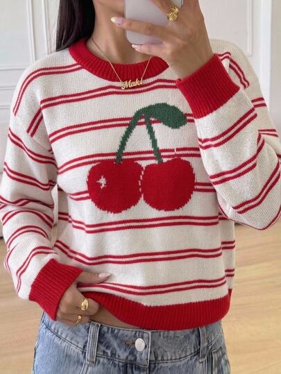 SHEIN Tween Girls Red And White Striped Sweet Cherry Autumn/Winter Knit Sweater Long Sleeve Top Christmas Holiday Outfits Back To School Clothes