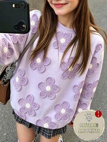 SHEIN Purple Crew Neck Sweatshirt For Girls And Girl, 3D Floral Pattern Print, Suitable For Outings, Daily All-Match Versatile, Suitable For Autumn And Winter, Personalized And Sweet - Multicolor - View 1