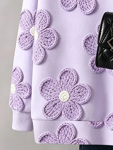 SHEIN Purple Crew Neck Sweatshirt For Girls And Girl, 3D Floral Pattern Print, Suitable For Outings, Daily All-Match Versatile, Suitable For Autumn And Winter, Personalized And Sweet - Multicolor - View 6