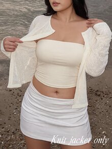 SHEIN MOD Women's Plus Size Solid Color Front Button Knit Cardigan,Back To School,Campus,Going Out Tops,Lightweight Early-Autumn Jacket,Apricot Fall - White - View 2
